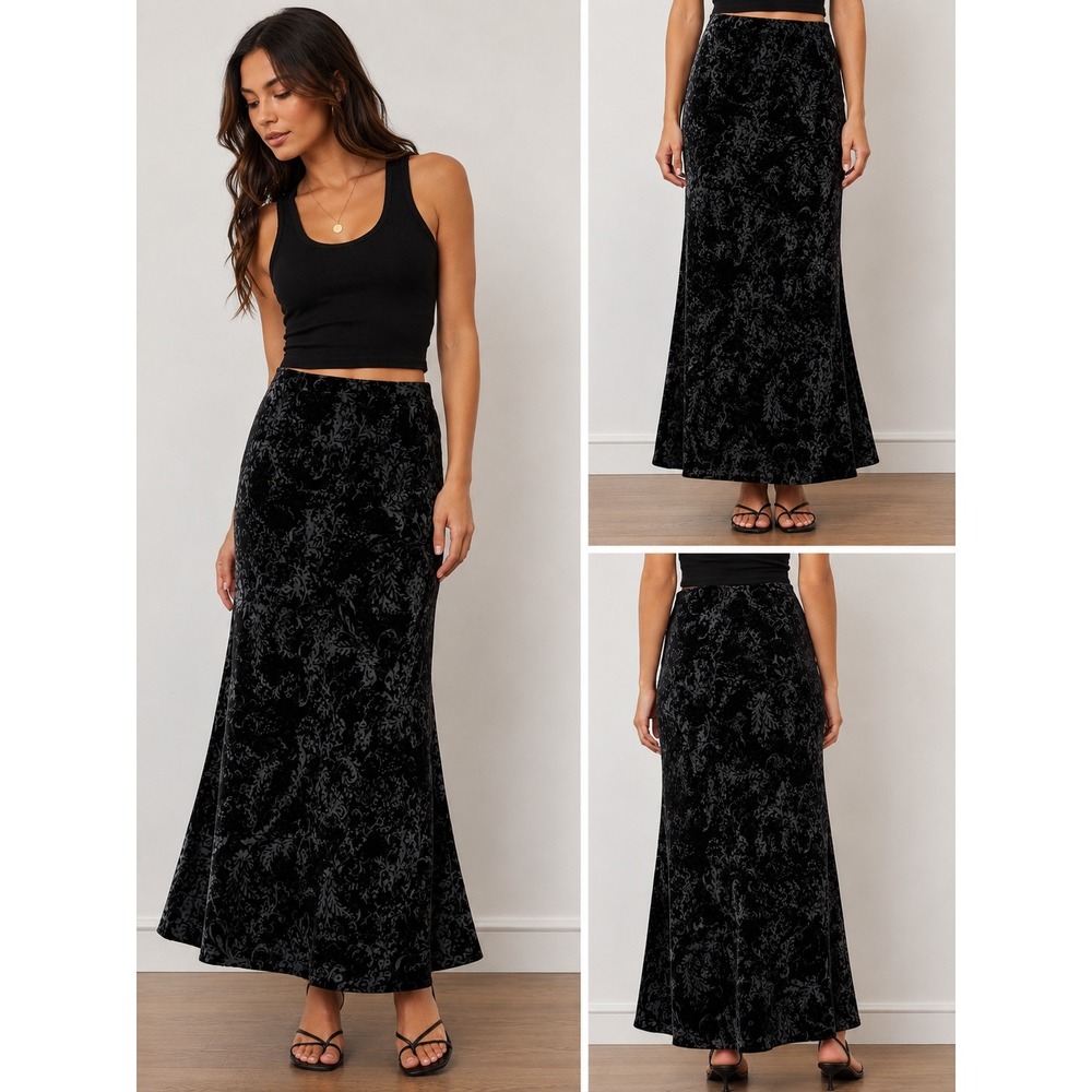 Lauren Ralph Lauren Skirt 16W Black Silk Blend Devore Velvet Burnout Floral Midi